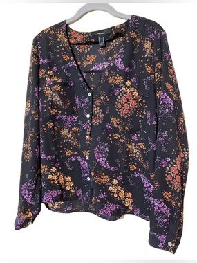 Dark romantic semi-sheer professional whimsical floral paisley button down top L